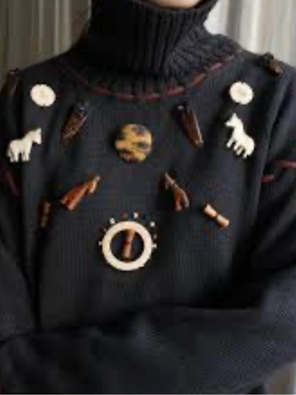 Vintage Pierre Cardin Turtleneck Sweater Southwest Tribal Wooden Trinket L